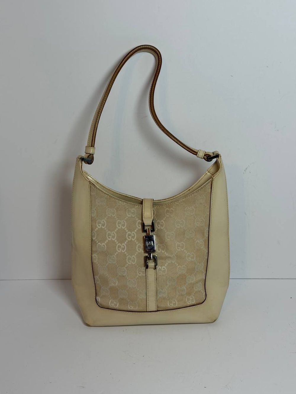 Vintage Gucci Jackie GG Cream Canvas/Leather Shoulder Bag